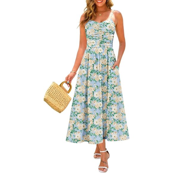 Dresses & Skirts - Women's Light Blue Floral Adjustable Spaghetti Strap Floral Beach Long Maxi